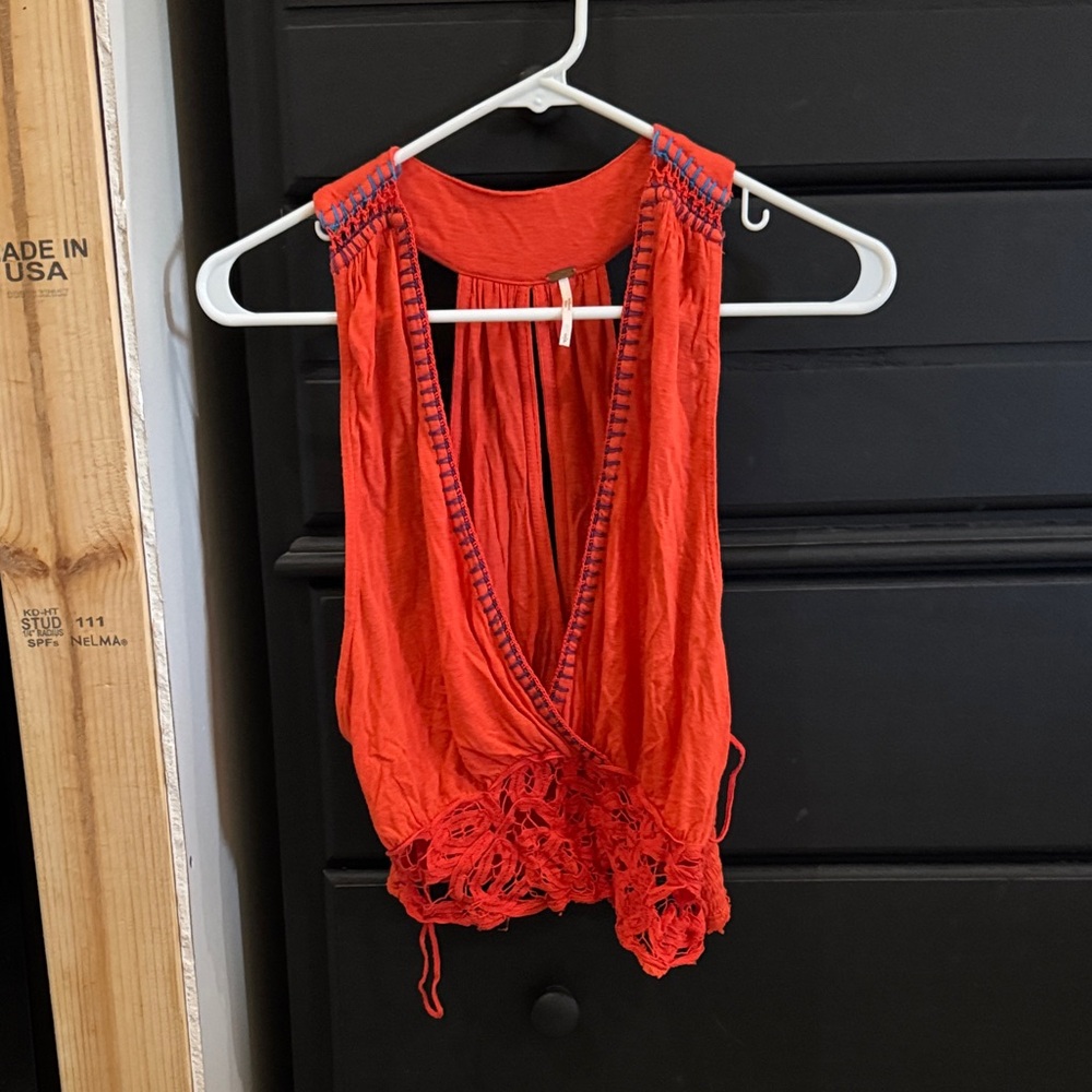Free People Fiery Orange Tank Top with Crochet Detail